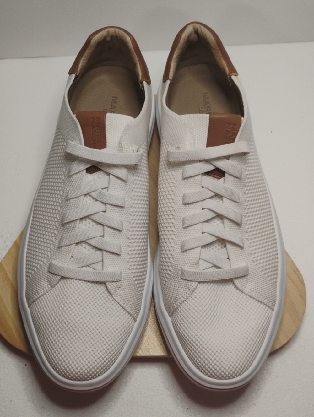 Mark Nason White Knit Sneakers with Brown Heel Tab